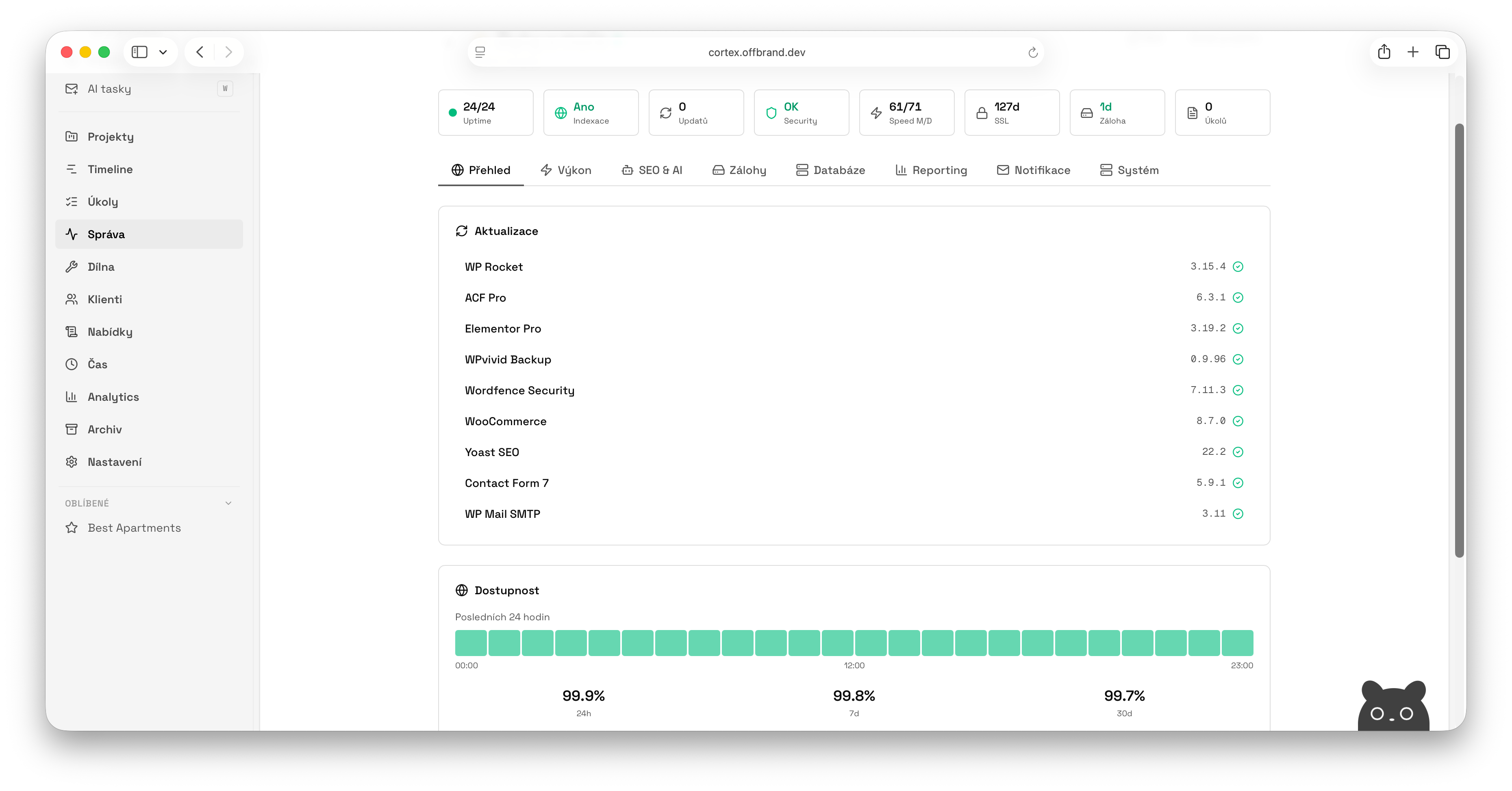 Cortex — dashboard správy webů s uptime a aktualizacemi