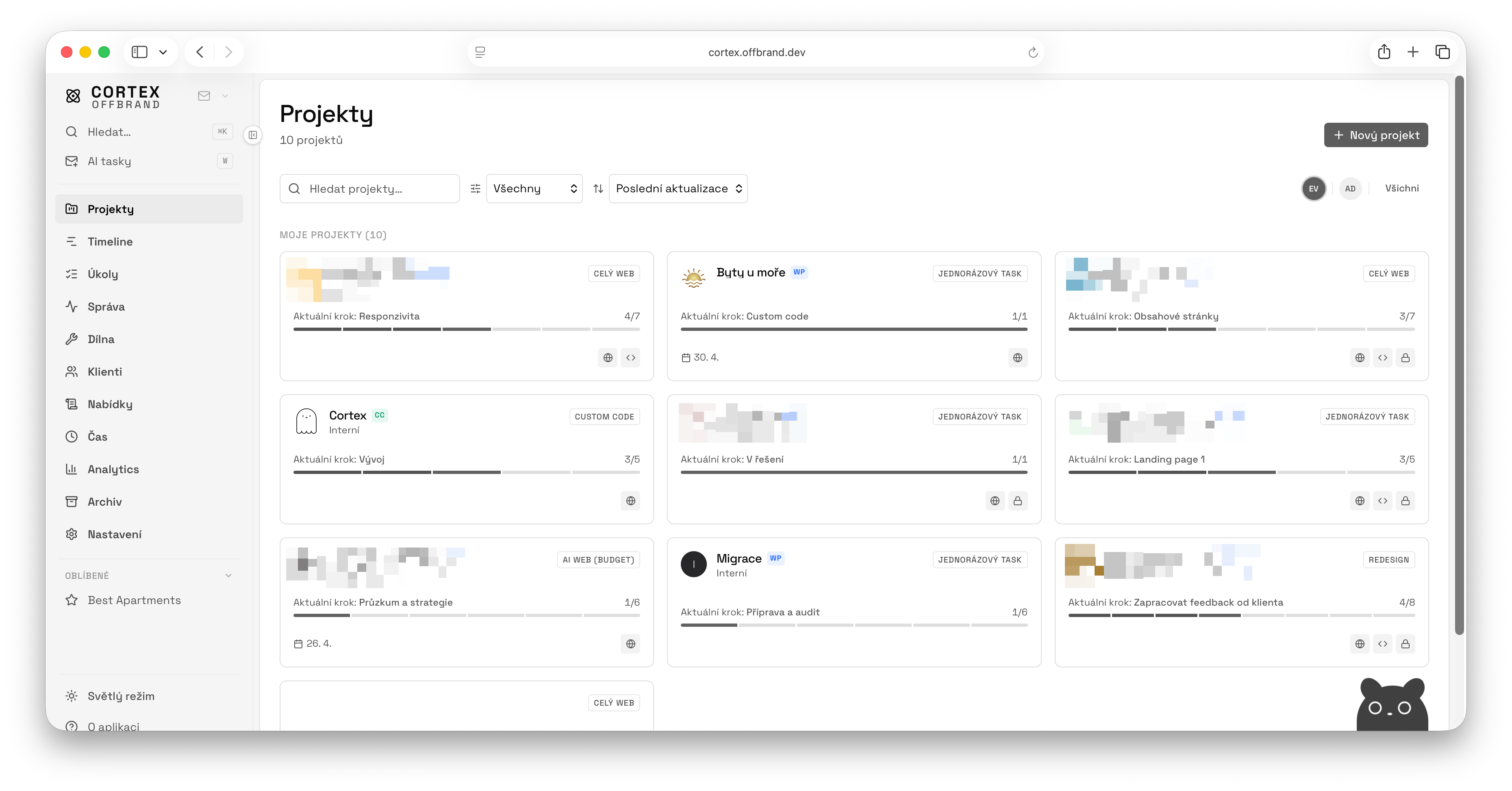 Cortex — přehled projektů s fázemi a progress bary